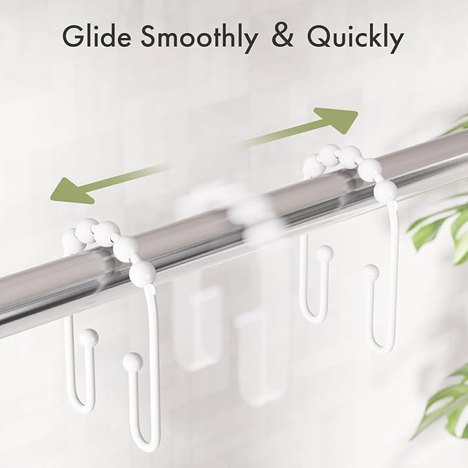 AmazerBath Shower Curtain Hooks White Metal Shower Curtain Rings Rust Proof, Double Sided Shower Curtain Hooks for Shower Curtain Liner Smooth Shower Hook Rings for Bathroom, Set of 12