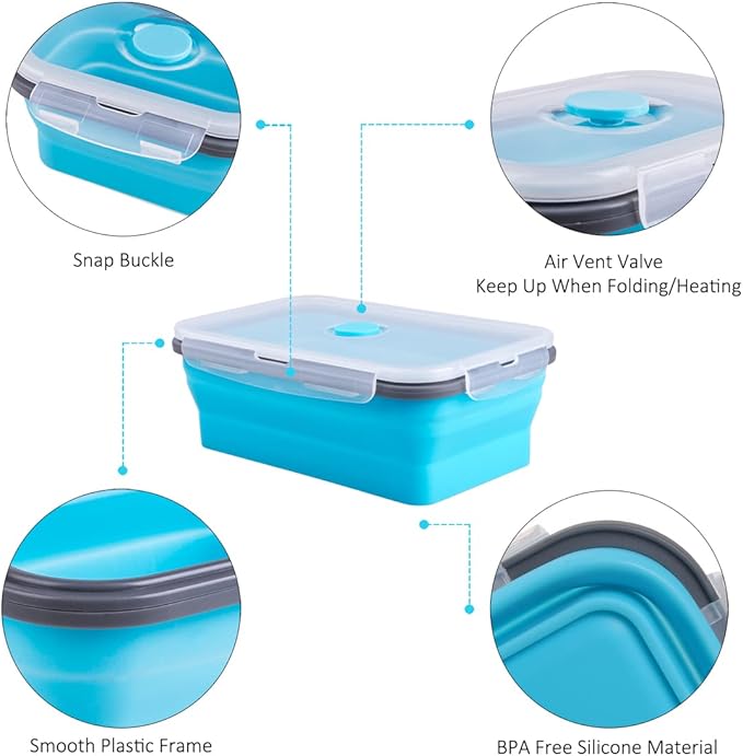 Collapsible Food Storage Containers with Airtight Lid & Air Vent, 40.5 oz, Kitchen Stacking Silicone Collapsible Meal Prep Container Set for Leftover, Microwave Freezer Dishwasher Safe, Blue, Set of 4