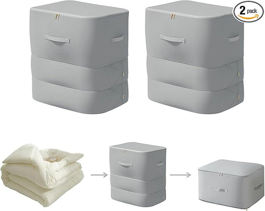 2PCS Comforter Storage Bag, 3-Layer Zipper Large Capacity Storage Bag, Ultra Space Saving Self Compression Storage Bags for Comforters, Clothes, Pillows and Bedding Sets (Grey, X-Large)