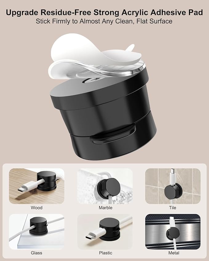 OneLeaf 12 Pack 360° Rotatable Spring Cable Clips[1s Lock], Adhesive Cord Holder for Nightstand, Phone Charger Cord Holder for Desk Home Office Car Game Station