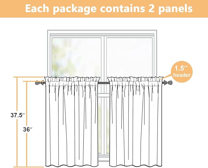 Black Kitchen Curtains 36 Inch Length 2 Panels, Light Filtering Farmhouse Faux Linen Textured Short Curtains for Windows, Small Curtain Tier for Cafe Cabinet Bathroom RV Camper, 30Wx36L Inch