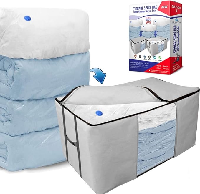 Cube Vacuum Storage Bags, Space Saver Bags, Premium Totes with Cubic Vacuum Compression Seal Bags for Clothing & Bedding. Jumbo Organizer for Storing Clothes, Comforters, Blankets, Pillows & More!