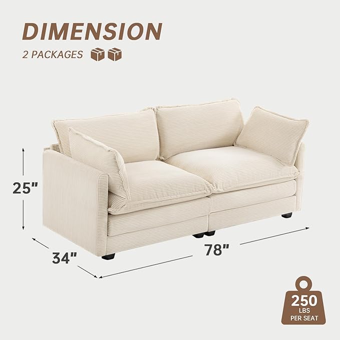 ROWHY 78'' Sectional 2 Seat Cloud Loveseat with 2 Throw Pillows, Modern Corduroy Love Seat, Cozy Sofa for Living Room, Office and Bedroom, Beige