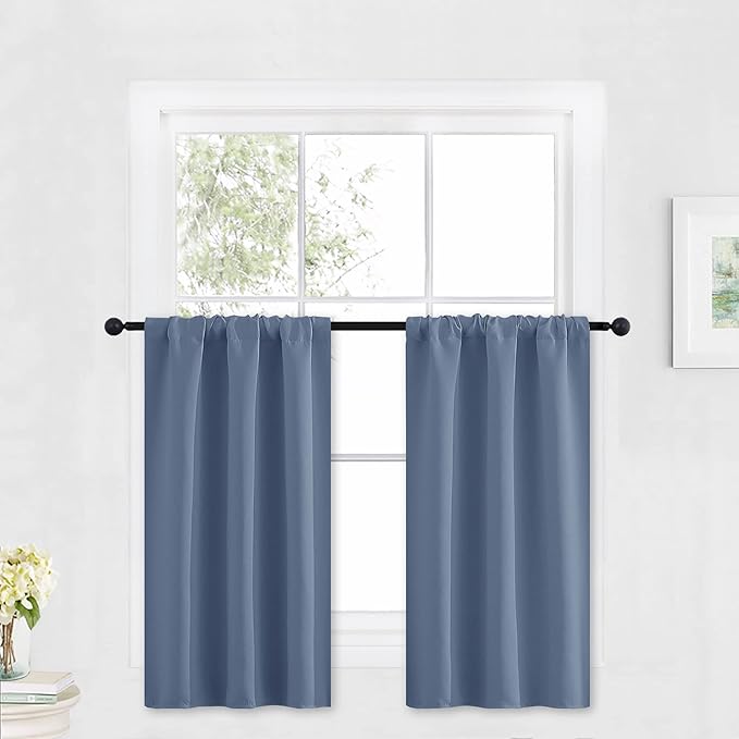 RYB HOME Short Blackout Curtains - Thermal Insulated Noise Reducing Energy Efficiency Small Window Decor for RV Closet Bathroom, 29 inches Wide x 36 inches Long, Stone Blue, 1 Pair