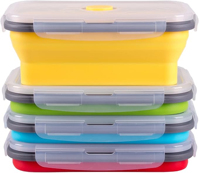 Collapsible Food Storage Containers with Airtight Lid, 27 oz, Kitchen Stacking Silicone Collapsible Meal Prep Container Set for Leftover, Microwave Freezer Dishwasher Safe, 4 Colors, Set of 4