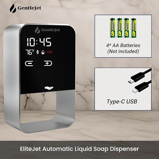 EliteJet Automatic Liquid Soap Dispenser Touchless - Wall Mount and Countertop with Dual Power (USB/Battery), LED Display, Aluminum Alloy Body, Kitchen and Bathroom Soap Dispenser for Hand