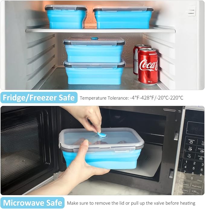 Collapsible Food Storage Containers with Airtight Lid & Air Vent, 40.5 oz, Kitchen Stacking Silicone Collapsible Meal Prep Container Set for Leftover, Microwave Freezer Dishwasher Safe, Blue, Set of 4