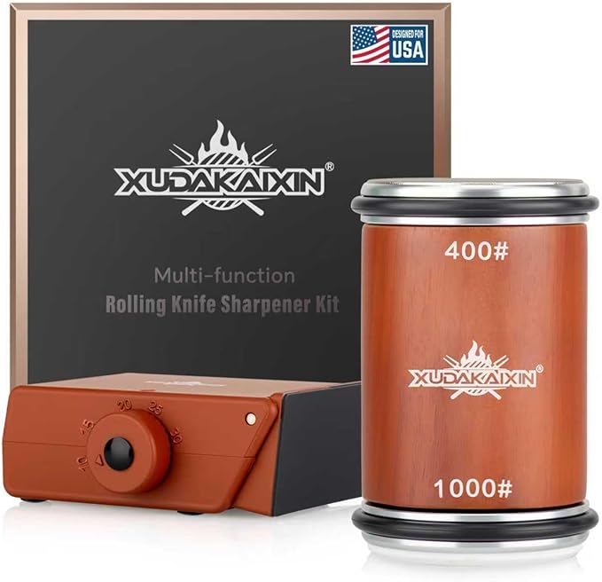 The Innovative Knife Sharpener - Patented Multi-Angle Premium Rolling Knife Sharpener with Extra Replacement Head for Chef's, Fruit, and All Steel Knives (Brown)