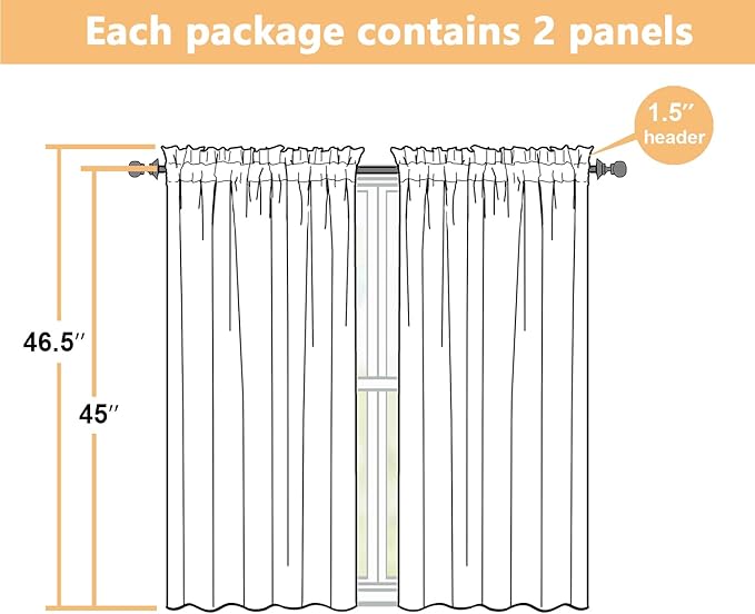 Natural Kitchen Curtains 45 Inch Length 2 Panels, Light Filtering Faux Linen Textured Short Kitchen Window Curtains Over Sink, Half Curtain Tiers for Cabinet Bathroom Basement, 30Wx45L Inch