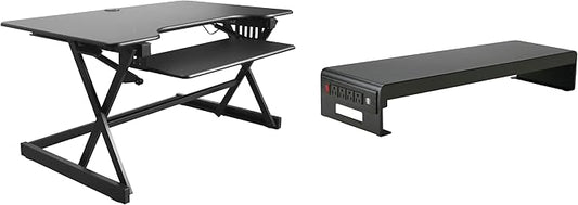 Rocelco 40" Height Adjustable Standing Desk Converter with AC Outlet USB Charger and Dual Monitor Stand - Tabletop Riser Computer Workstation - Sliding Keyboard Tray - Black (R DADRB-40-ACUSB-DMS)