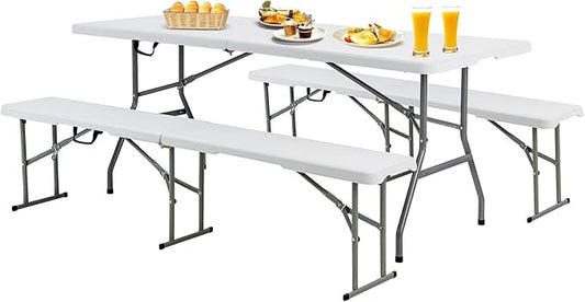 S AFSTAR 3 PCS Folding Table and Benches, 6Ft Camping Table & 2-Pack Folding Chairs with Carry Handles, Indoor Outdoor Rectangle Folding Desk & Long Chairs for Picnic Party Camping BBQ, Assembly-Free