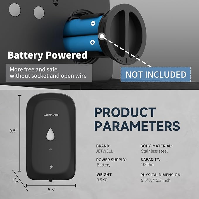 JETWELL Automatic Touch-Less Wall Mount Hand Soap Dispenser Liquid Drop Battery Operated, Black Matte Stainless Steel Cover Large Capacity 34OZ/1000ML for Kitchen Home Commercial Bathroom