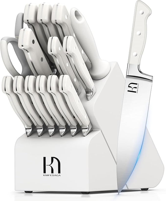 Kitchen Knife Block Set, 15-Piece Enduring Ultra Sharp Knife Set, Japanese High Carbon Stainless Steel, Premium Forged Knives for Kitchen and Professional Chefs, White