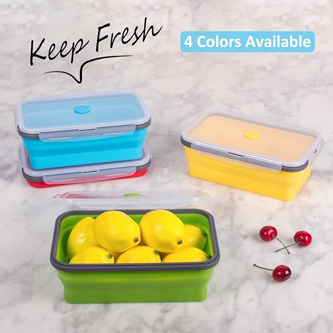 Collapsible Food Storage Containers with Airtight Lid, 40.5 oz, Large Kitchen Stacking Silicone Collapsible Meal Prep Container Set for Leftover, Microwave Freezer Dishwasher Safe, 4 Colors, Set of 4