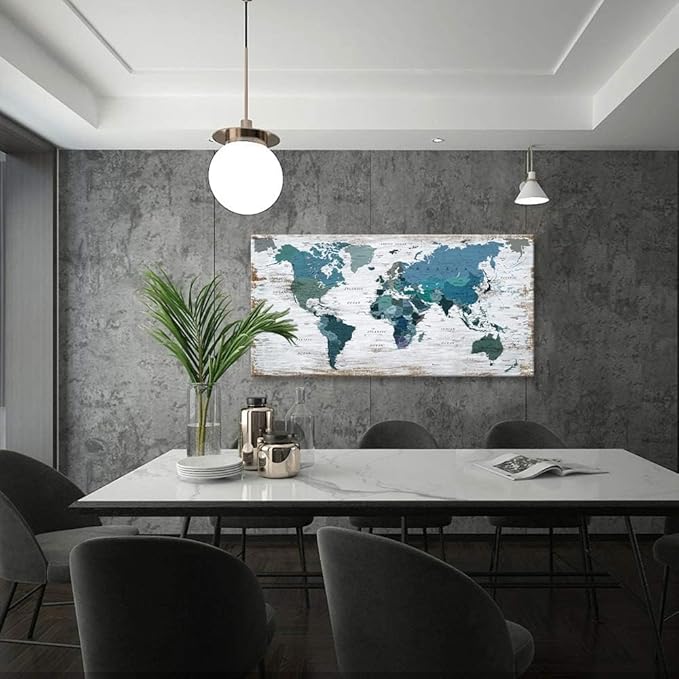 lagre Teal Decor 36inchx71inch World Map Canvas Wall Art Pictures for Living Room Decoration Blue Wall Decor Office World Map Art Map of the world Picture Framed Artwork for Home Bedroom Decoration