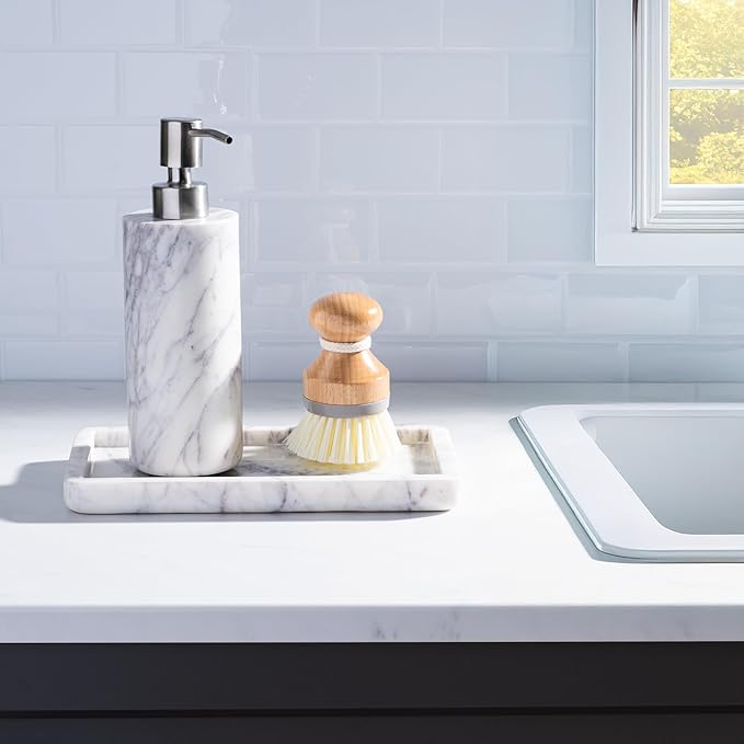 Cork & Mill Marble Soap Dispenser for Bathroom Countertop or Kitchen Sink, Real Natural White Stone with Stainless Steel Pump Top, Ideal for Lotion, Liquid Dish or Hand Soap, Modern Bath Accessories