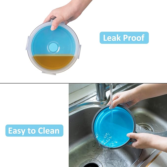 Collapsible Food Storage Containers Round with Airtight Lid, 27 oz, Kitchen Stacking Silicone Collapsible Meal Prep Container Set for Leftover, Microwave Freezer Dishwasher Safe, Blue, Set of 4