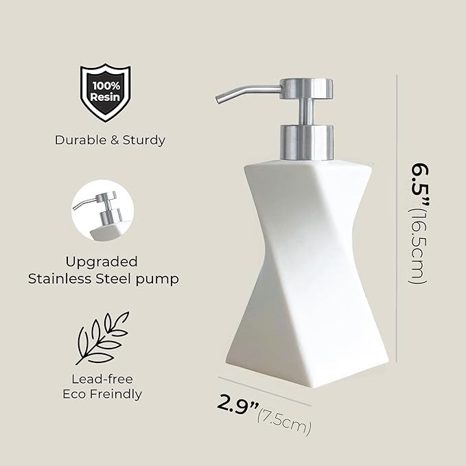 Modern White Twisted Soap Dispenser with Stainless Steel Pump for Bathroom and Kitchen, Contemporary Art Style, Matte Finish, Geometric Design, 8.5oz (Arctic White)
