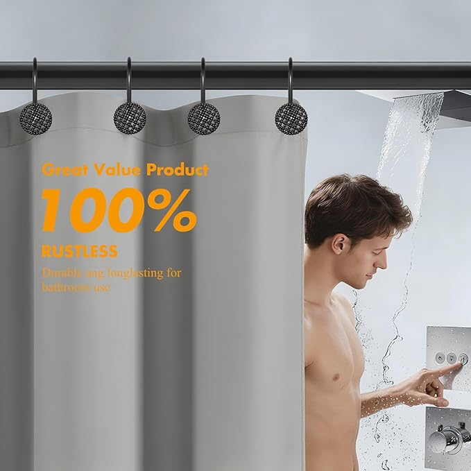 Pearlbee Black Shower Curtain Hooks Rings, Rust-Resistant Metal Glide Shower Hooks for Bathroom Shower Rods, Bathroom Accessories Set of 12 Hooks - Matte Black
