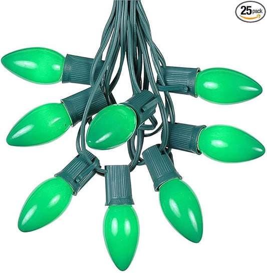 Novelty Lights 25 Foot C9 Green Ceramic Christmas String Light Set - Outdoor Christmas Light String - – Opaque Christmas Bulbs - Roofline Light String – Outdoor String Lights - Green Wire