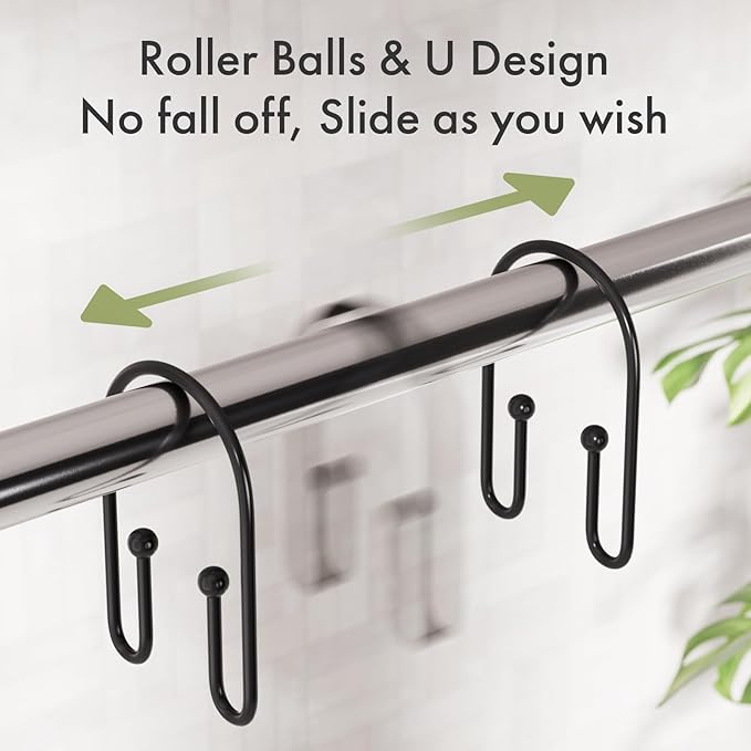 AmazerBath Shower Curtain Hooks, Simple Black Shower Curtain Hooks Rust Proof, Metal Shower Curtain Rings, Double Side Shower Hooks for Shower Curtain, Double Shower Hooks Rings Liner Bathroom, 12Pcs