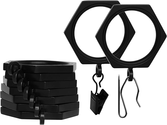 BlastHome® Luxury Curtain Rings - Premium Metal with Quiet, Smooth Nylon Inserts - Pinhooks and Clips Included - 1 1/2" Inside Diameter - 9 Rings for One Standard Curtain - Tuxedo Black