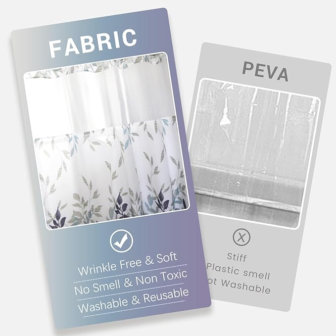 VIUOON No Hook Shower Curtain with Snap-in Fabric Liner Set, Double Layers Heavy Duty Fabric Large Leaf Pattern Bathroom Curtain with See Through Top, Hotel Grade, Machine Washable, 71Wx74L