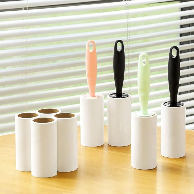 Pet Hair Lint Roller Extra Sticky Lint Remover for Clothing Furniture Carpet Couch 4 Rollers with 2 Handles (Pink/Green Handles & 4 Refills)