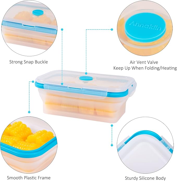 Collapsible Food Storage Containers with Airtight Lid & Vent, 27oz, Kitchen Stacking Silicone Collapsible Meal Prep Container Set for Leftover, Microwave Freezer Dishwasher Safe, Translucent, Set of 4