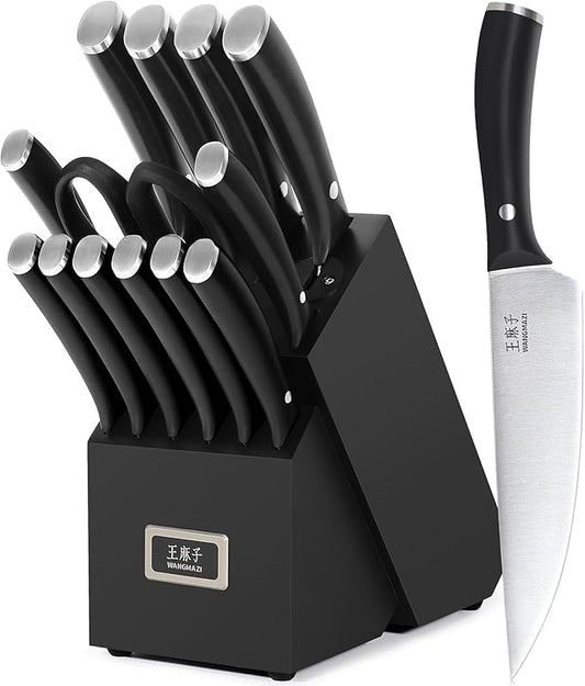 Premium Chef Knife Set,High Carbon Stainless Steel Ergonomic Rivet Handle,Sharp Knife Set for Kitchen,Hundreds of Years of Masterful Craftsmanship(Black,15PCS)
