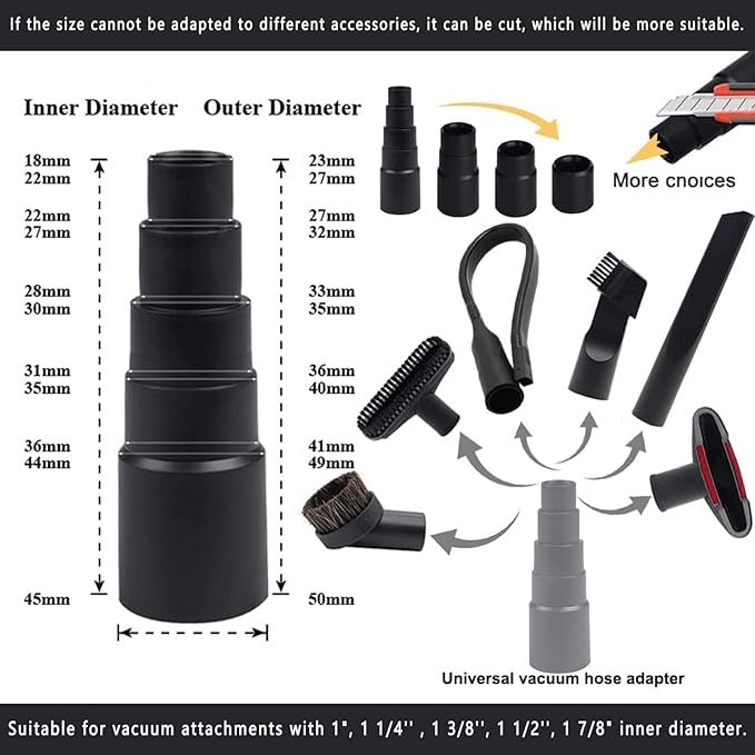 Universal Vacuum Attachment Kit Wet Dry Plastic Vacuum Hose Adapter 1-1/4" Vacuum Cleaners Accessories with Horse Hair Brush Extension Wand Flexible Crevice Tool Adapter for Shop Vac (7PCS)