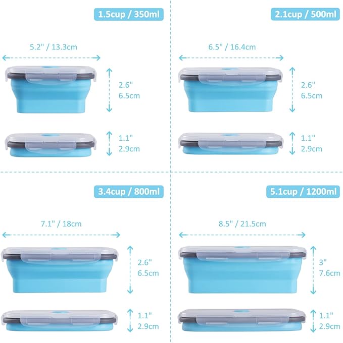 Collapsible Food Storage Containers with Airtight Lid & Air Vent, 4 Sizes, Kitchen Stacking Silicone Collapsible Meal Prep Container Set for Leftover, Microwave Freezer Dishwasher Safe, Blue, Set of 4