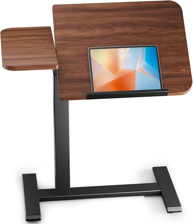 COMHOMA Tiltable Mobile Small Standing Desk, Pneumatic Adjustable Height Overbed Bedside Table with Wheels, Sit Stand Portable Rolling Laptop Desk Computer Workstations, Walnut