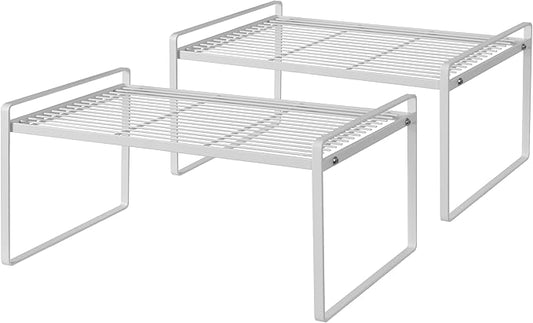 2Pack Kitchen Cabinet Shelf Counter Organizer Rack Pantry Storage Bathroom Bedroom Office Table Desk Space Saving Stackable Rust Resistant Non Slip White Wide L16.1in W10.6in H7.3in