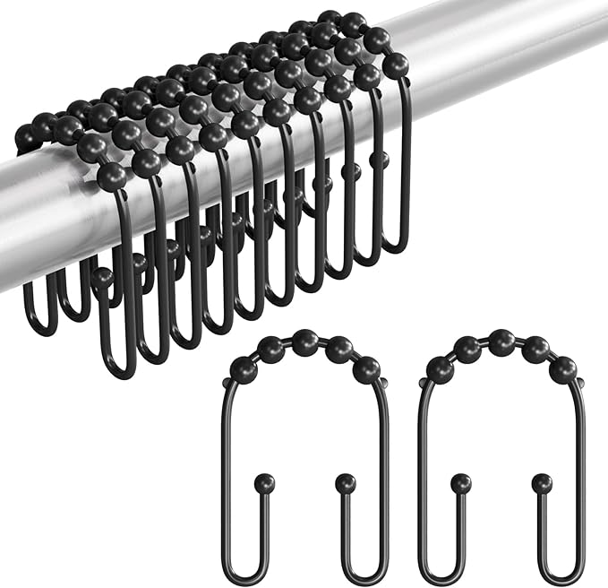 AmazerBath Black Shower Curtain Hooks, Shower Curtain Rings Rust Proof Non-Slip Double Shower Curtain Hooks for Shower Curtain, Sturdy Metal Shower Hooks Rings for Bathroom Shower Rod Hooks 24Pcs