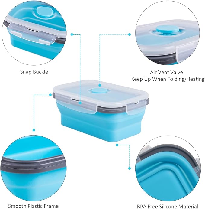 Collapsible Food Storage Containers with Airtight Lid & Air Vent, 16.9 oz, Kitchen Stacking Silicone Collapsible Meal Prep Container Set for Leftover, Microwave Freezer Dishwasher Safe, Blue, Set of 4