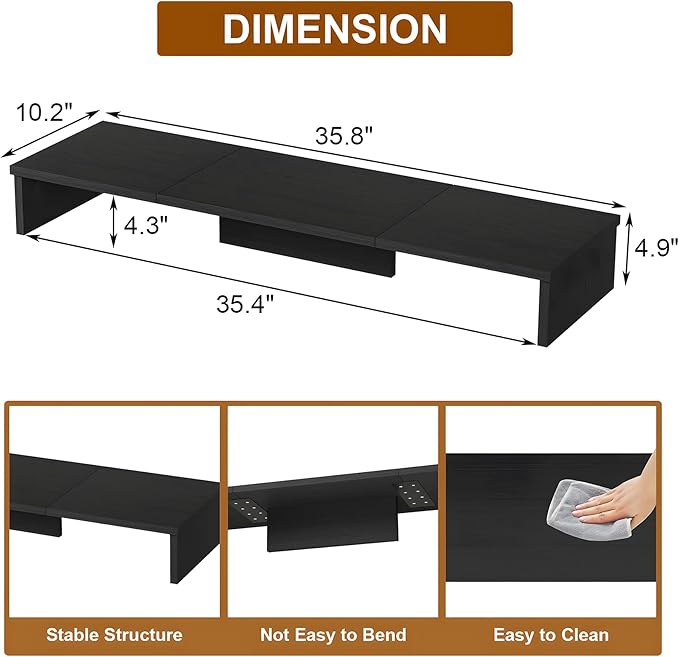 Dual Monitor Stand Riser, Large Computer Monitor Stand for Desk, Monitor Riser for 2 Monitors, Wood Desk Shelf for Top of Desk, Desktop Organizer for Computer, Laptop, Printer, TV