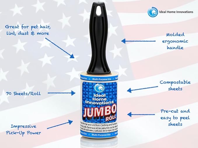 Jumbo Lint Rollers - Extra Sticky Pet Hair Remover for Clothes, Carpet, Furniture & Car - Dog/Cat Hair Lint Remover - 100 Rolls, 7000 Sheets - Easy Peel, Made in USA