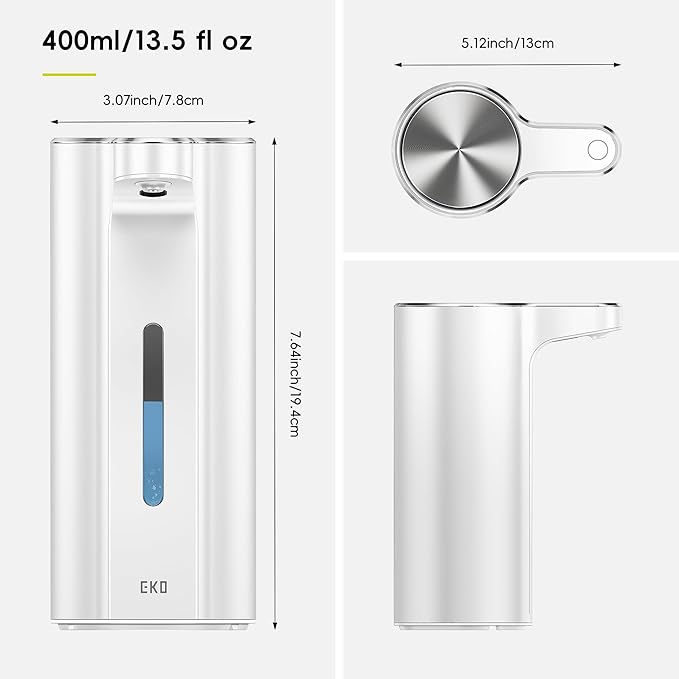 EKO Aroma Pro 13.5 fl oz Touchless Automatic Liquid Soap Dispenser, Rechargeable Electric Hand & Dish Soap Dispenser for Bathroom and Kitchen Sink, IPX7 Waterproof, Adjustable Volume Control (White)