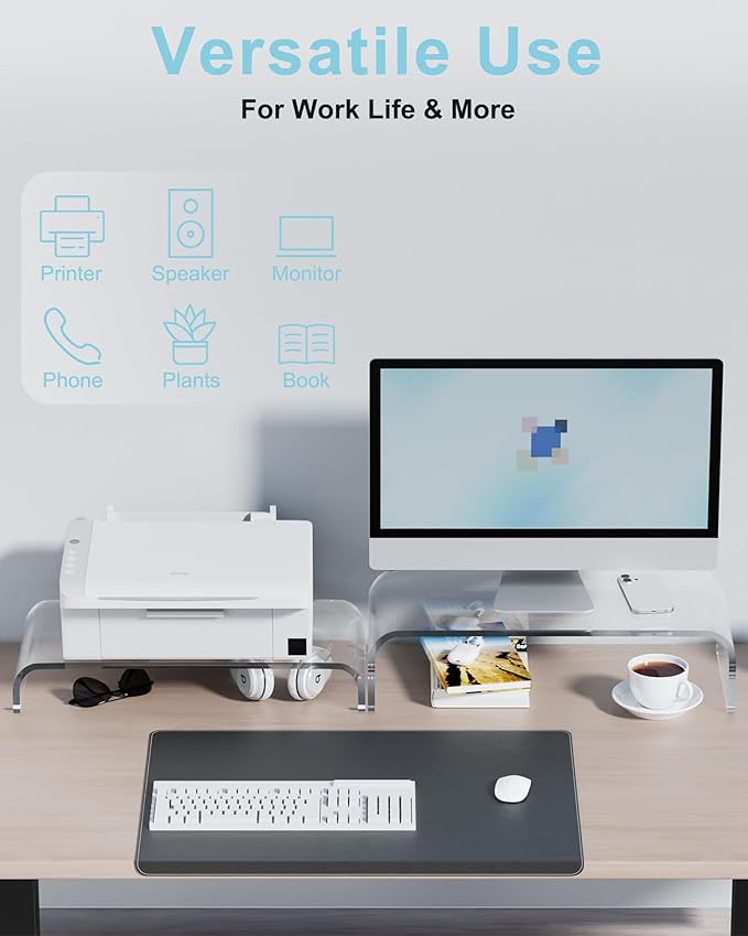 Acrylic Dual Monitor Stand Riser 2 Tier, Modular Laptop Stand for Desk, Multifunctional Desktop Organizer Shelf for PC, iMac, Printer, Detachable Monitor Stand for Office or Home, Clear