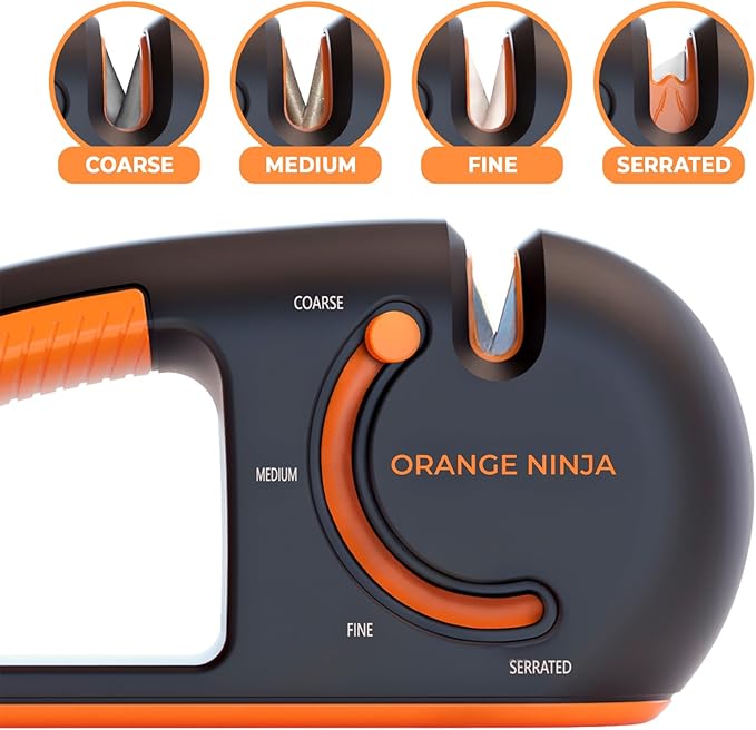 Orange Ninja 4-Stage Knife Sharpener & Serrated Knife Sharpener– Repairs, Sharpens & Polishes Blades with Ergonomic Non-Slip Grip