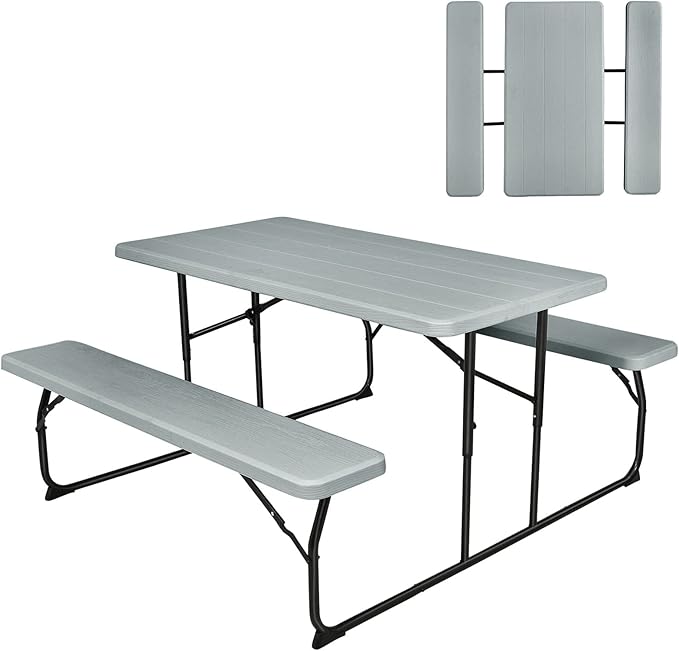 GYMAX Picnic Table, 550 LBS Folding Picnic Tables with Benches & Seats, Weather-Resistant Easy Setup Portable Picnic Table, Wood-Like Foldable Picnic Tables for Outdoors Patio Deck Party BBQ (Grey)