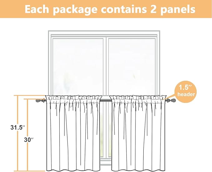 Grey Kitchen Curtains 30 Inch Length 2 Panels, Light Filtering Farmhouse Linen Textured Small Short Curtains Over Sink, Half Curtain Tiers for Cabinet Bathroom Cafe Basement, 30Wx30L Inch