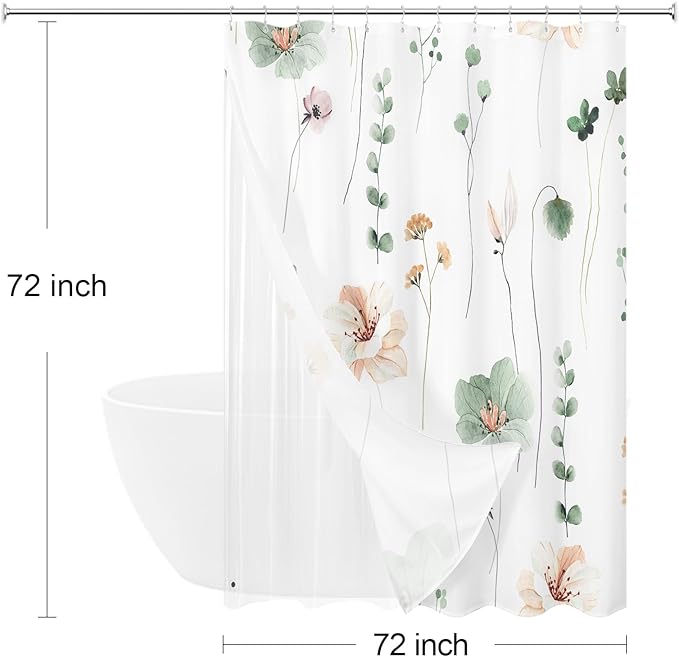 Gibelle 3 in 1 Shower Curtain Set, Sage Green Watercolor Floral Bath Curtain and PEVA Liner Set with 12 Double Sided Steel Hooks, Waterproof Fabric Bathroom Curtain 72x72