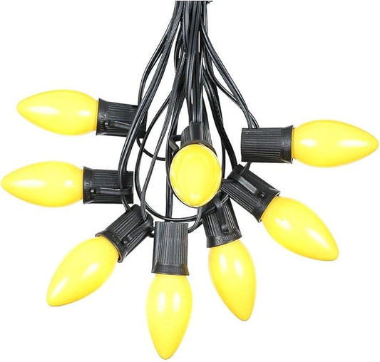 25 Foot C9 Yellow Ceramic Christmas String Light Set - Outdoor Christmas Light String - – Opaque Christmas Bulbs - Roofline Light String – Outdoor String Lights - Black Wire