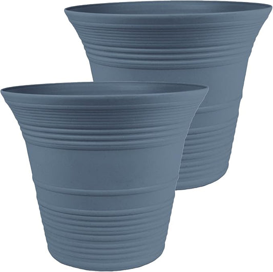 The HC Companies 19 Inch Sedona Round Self Watering Planter Pots, Lightweight UV-Resistant Plastic Outdoor Planters, 2-Pack Flower Pots for Garden & Home Decor, Slate Blue