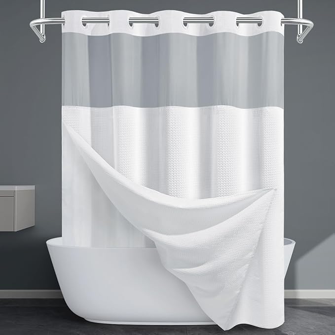 Long No Hook Shower Curtain with Snap in Liner,230GSM Waffle Weave Shower Curtains for Bathroom,71W x 80H(78"),White
