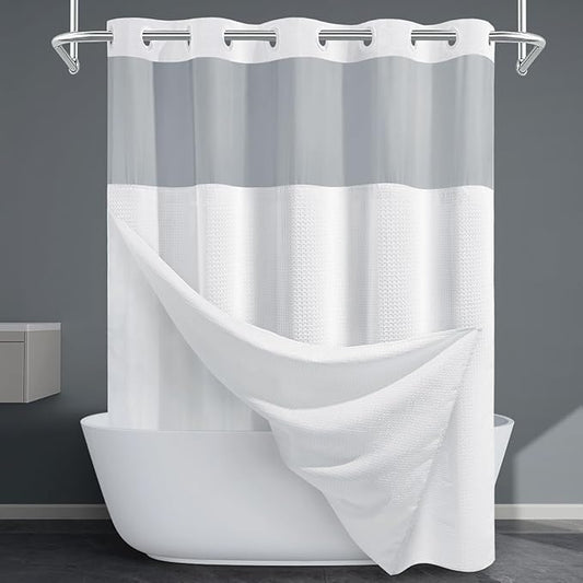 Long No Hook Shower Curtain with Snap in Liner,230GSM Waffle Weave Shower Curtains for Bathroom,71W x 77H(75"),White