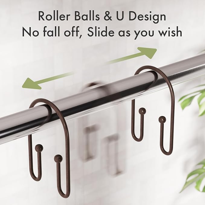 AmazerBath Shower Curtain Hooks, Simple Bronze Double Shower Curtain Hooks Rust Proof, Non-Slip Simple Shower Curtain Rings, Metal Shower Hooks for Shower Curtain Liner Bathroom, 12Pcs