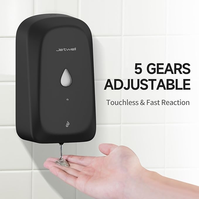 JETWELL Automatic Touch-Less Wall Mount Hand Soap Dispenser Liquid Drop Battery Operated, Black Matte Stainless Steel Cover Large Capacity 34OZ/1000ML for Kitchen Home Commercial Bathroom